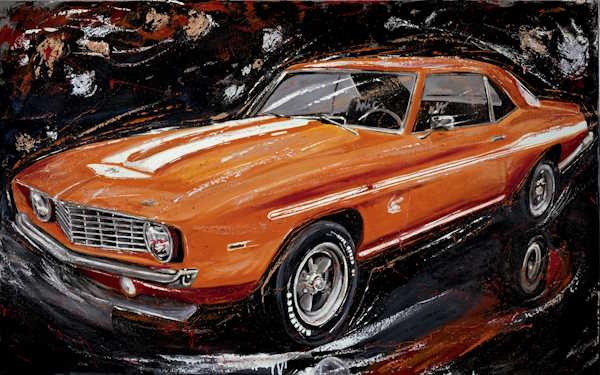 Custom commissioned painting of a vintage Chevrolet Camaro in abstract motorsport style
